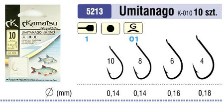 Haczyki Kamatsu rozm. 10 z przyponem 0.14mm Umitango Złote K-010