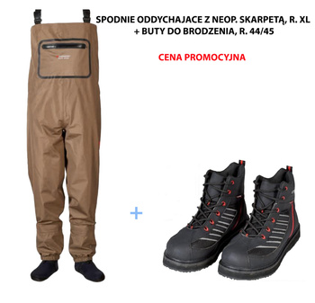 Spodnie oddychajace z neop. skarpetą, r. XL + Buty do brodzenia, r. 44/45